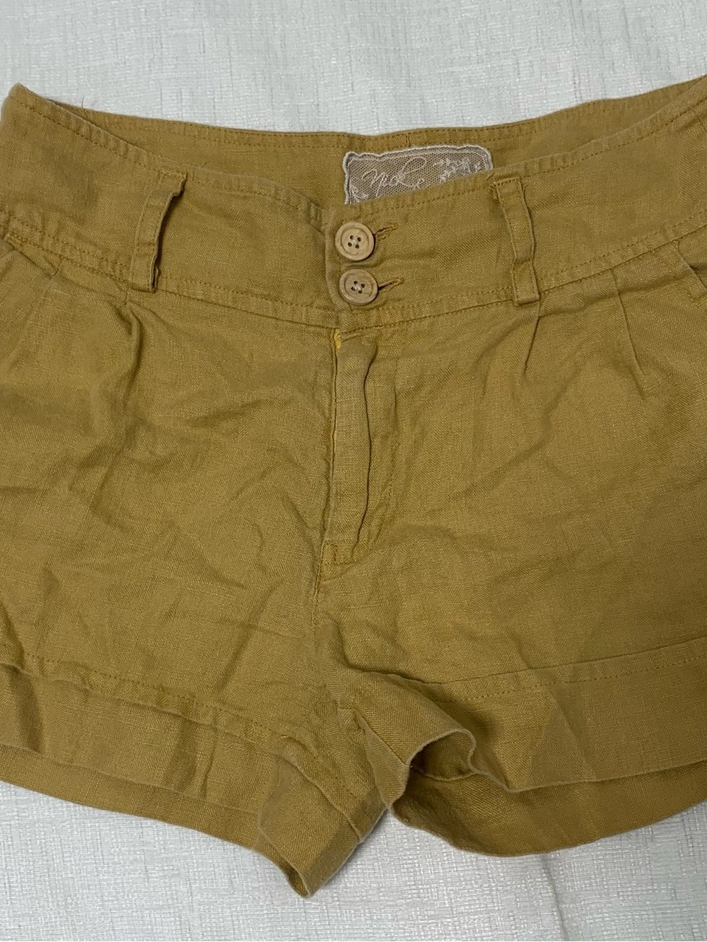 High-Waist Mustard Button-Front Linen-Blend Shorts